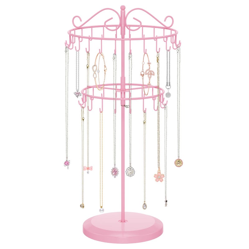 iDavosic.ly 2 Tier Rotating Necklace Holder Organizer with 42 Hooks, Adjustable Metal Bracelet Display Stand Rack, Extra Tall Keychain Spinning Tree Tower for Women, Pink - Image 1