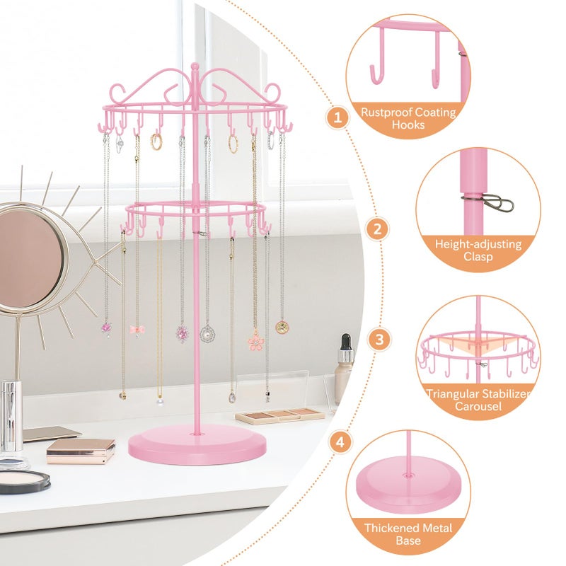 iDavosic.ly 2 Tier Rotating Necklace Holder Organizer with 42 Hooks, Adjustable Metal Bracelet Display Stand Rack, Extra Tall Keychain Spinning Tree Tower for Women, Pink - Image 3
