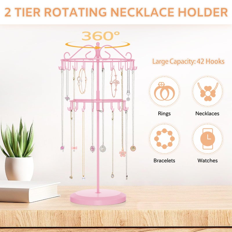 iDavosic.ly 2 Tier Rotating Necklace Holder Organizer with 42 Hooks, Adjustable Metal Bracelet Display Stand Rack, Extra Tall Keychain Spinning Tree Tower for Women, Pink - Image 4