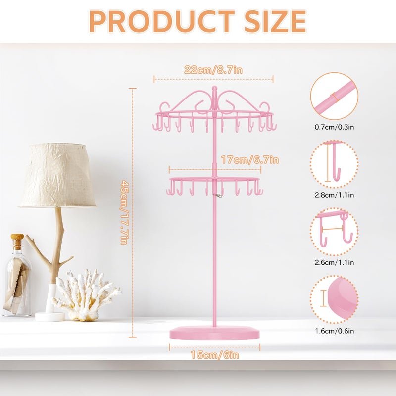 iDavosic.ly 2 Tier Rotating Necklace Holder Organizer with 42 Hooks, Adjustable Metal Bracelet Display Stand Rack, Extra Tall Keychain Spinning Tree Tower for Women, Pink - Image 2