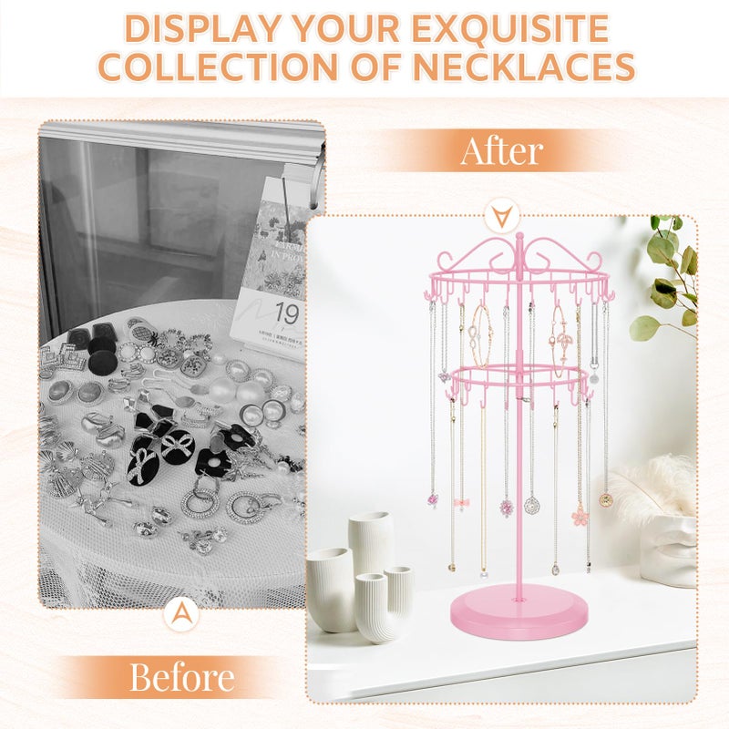 iDavosic.ly 2 Tier Rotating Necklace Holder Organizer with 42 Hooks, Adjustable Metal Bracelet Display Stand Rack, Extra Tall Keychain Spinning Tree Tower for Women, Pink - Image 5