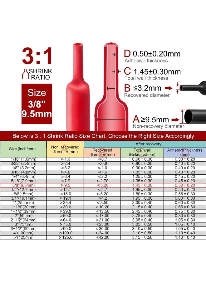CHANZON Chanzon 3:1 Ratio 3/8" (9.5mm) Heat Shrink Tubing - Marine Grade Waterproof Adhesive Backing - 8' Roll (2.5 Meters Total Length) Red Polyolefin Sleeve Wrap Shrink 3:1 Ratio 1 Piece  - Image 3