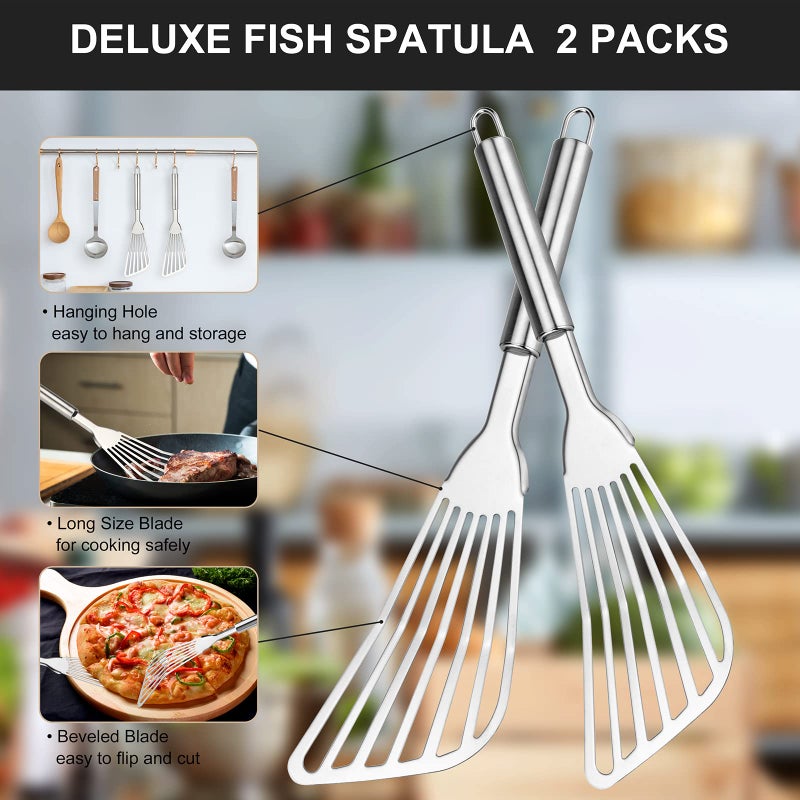 Cualork 2-Piece Cualork Fish Spatula  Upgrade Metal Spatula  Big Size Spatula Stainless Steel  Premium Kitchen Spatula Set  Thickness Blade Spatulas Turner for Cooking  Flipping  Turning  Frying and Grilling - Image 4