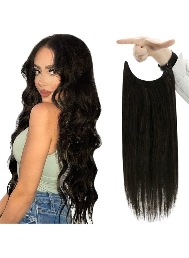 Fshine Hair Extensions Wire Hair Extensions Natural Black 18 Inch 80g Real Wire Hair Extensions Straight Invisible Hair Extensions with Transparent Fish Line Hairpiece - Image 1
