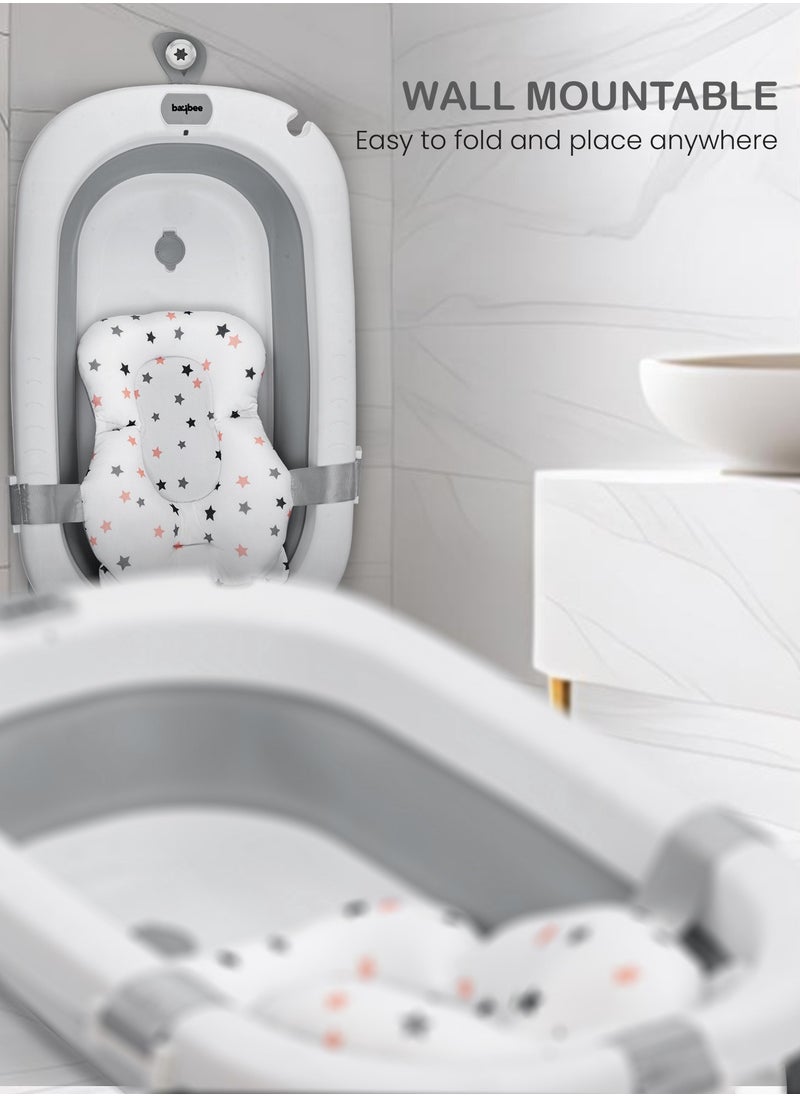 BAYBEE - Foldable Baby Bath Tub With Anti-Skid Base, Support Cushion, Temperature Sensing Plug And Wall Mountable 0-3 Years, Grey - Image 1