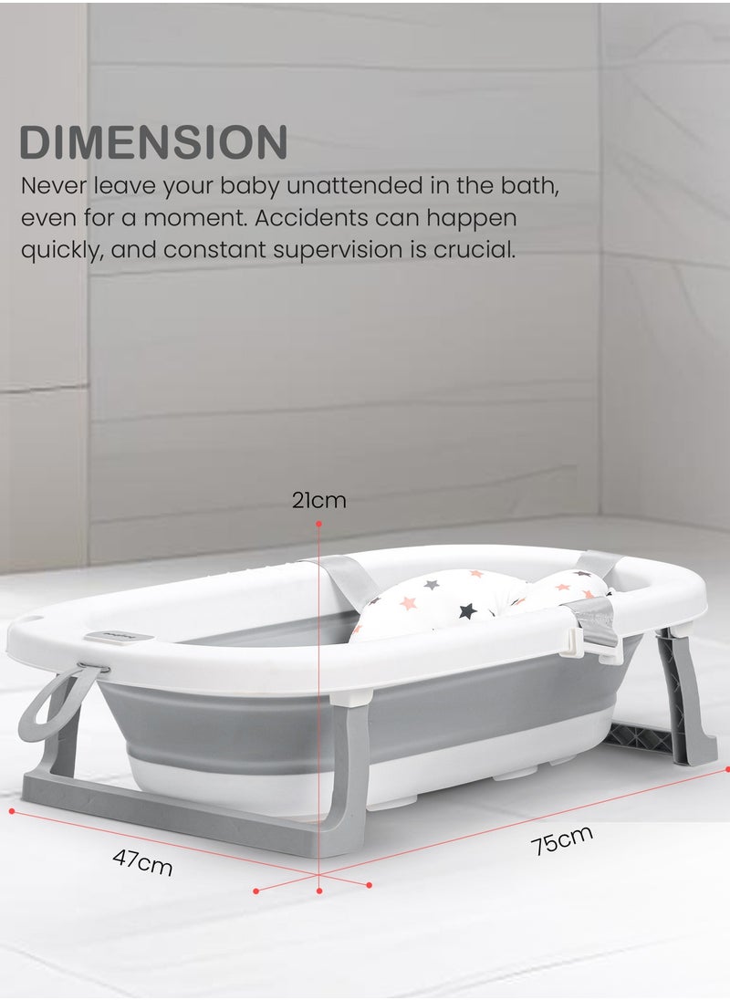 BAYBEE - Foldable Baby Bath Tub With Anti-Skid Base, Support Cushion, Temperature Sensing Plug And Wall Mountable 0-3 Years, Grey - Image 1