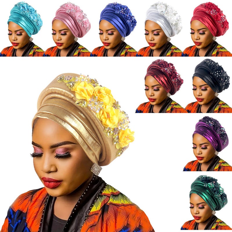 New European American Turban Cap Side Mesh Floral African Ethnic Hat - Image 2