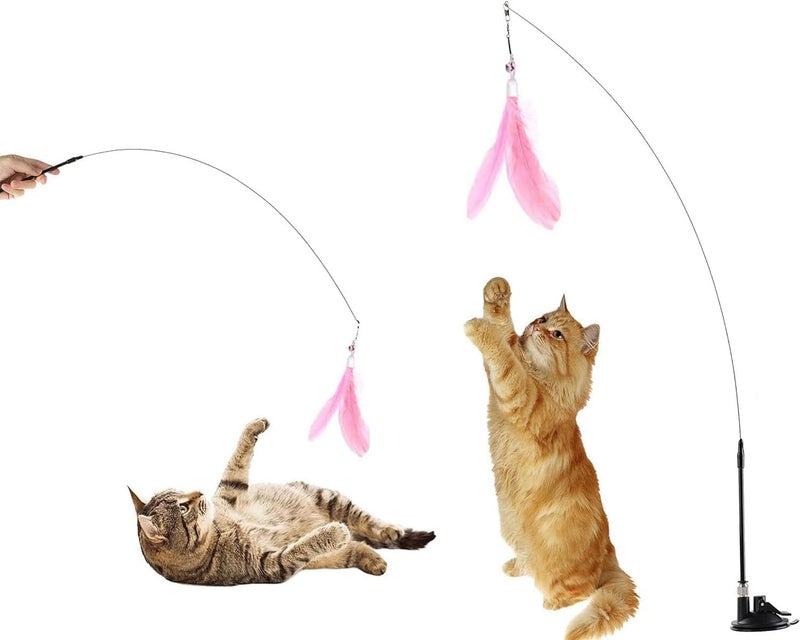 JKJ&ZXZ Automatic Interactive Cat Toy - Teaser Stick with Natural Bird Feather and Suction Cups (Pink) - Image 1