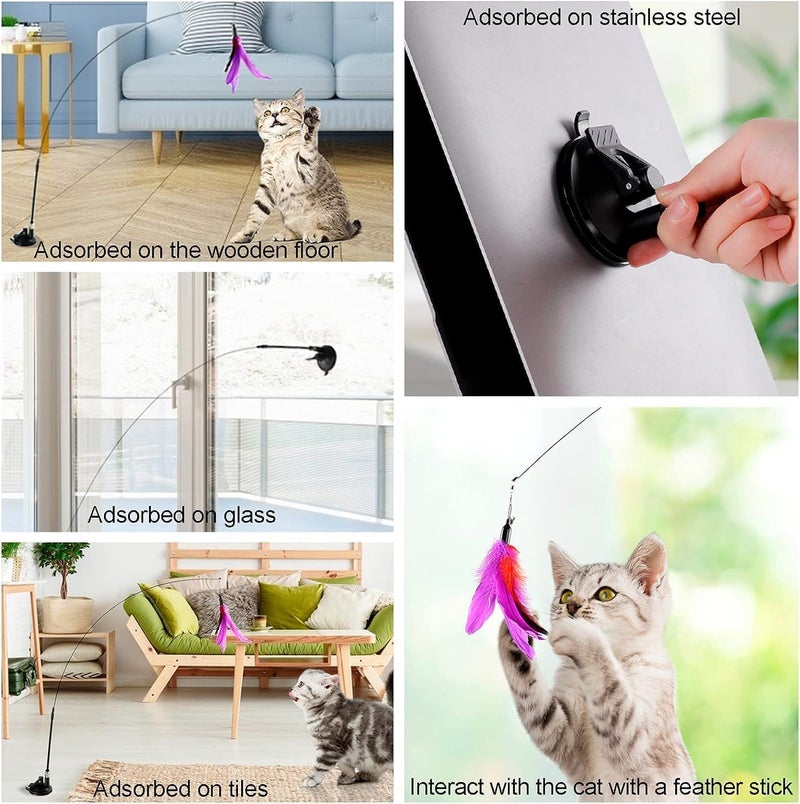 JKJ&ZXZ Automatic Interactive Cat Toy - Teaser Stick with Natural Bird Feather and Suction Cups (Pink) - Image 5