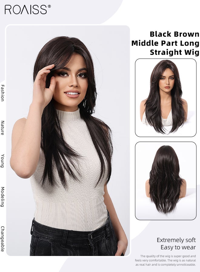 roaiss Women's Long Black Brown Layered Straight Wig Middle Parted Natural Soft Synthetic Fiber Heat Resistant Wigs for Weddings, Cosplay Parties, Daily Wear, 56cm (22in)  - Image 1