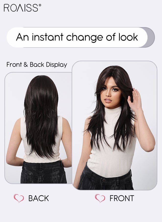 roaiss Women's Long Black Brown Layered Straight Wig Middle Parted Natural Soft Synthetic Fiber Heat Resistant Wigs for Weddings, Cosplay Parties, Daily Wear, 56cm (22in)  - Image 2