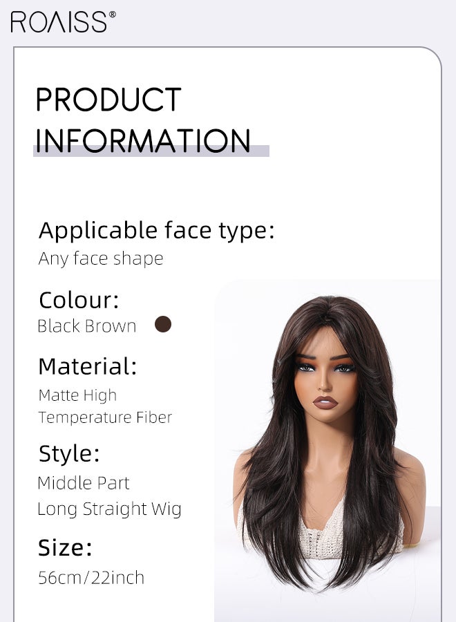 roaiss Women's Long Black Brown Layered Straight Wig Middle Parted Natural Soft Synthetic Fiber Heat Resistant Wigs for Weddings, Cosplay Parties, Daily Wear, 56cm (22in)  - Image 3