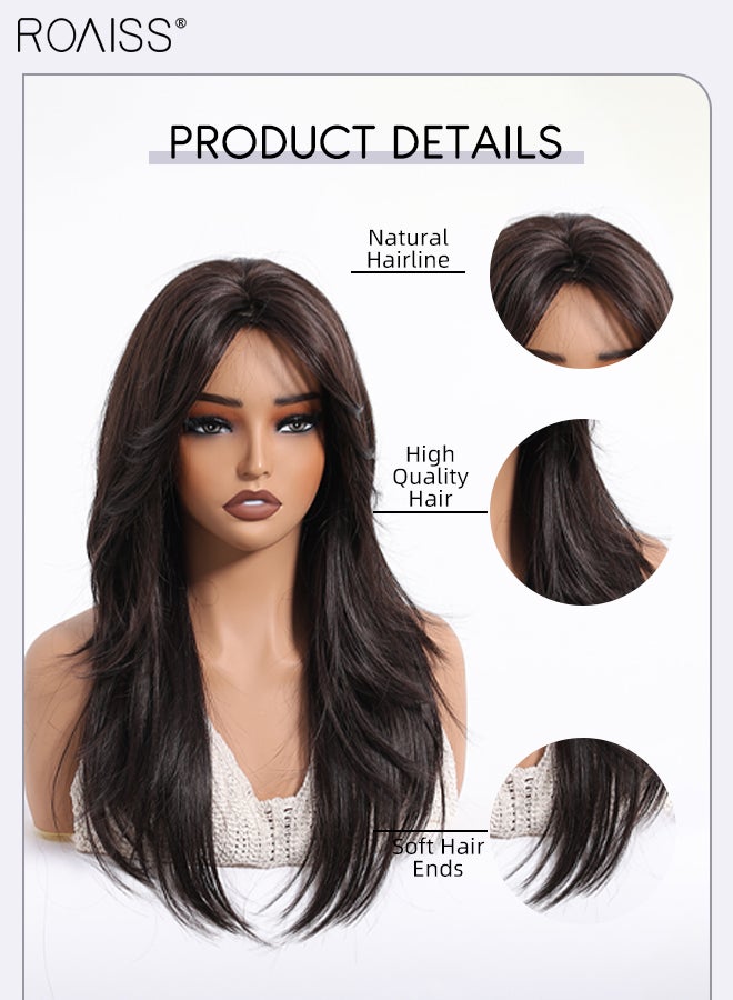 roaiss Women's Long Black Brown Layered Straight Wig Middle Parted Natural Soft Synthetic Fiber Heat Resistant Wigs for Weddings, Cosplay Parties, Daily Wear, 56cm (22in)  - Image 5