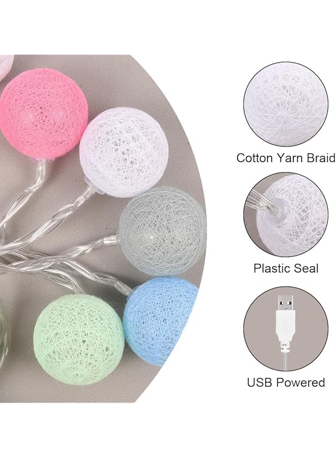 erorex Cotton Ball Fairy Lights 3.3M 10.83Ft 20Led Usb Powered Led String Lights Colorful Globe Ball Lights For Bedroom Wedding Party Home And Decoration Macaron Style - Image 3