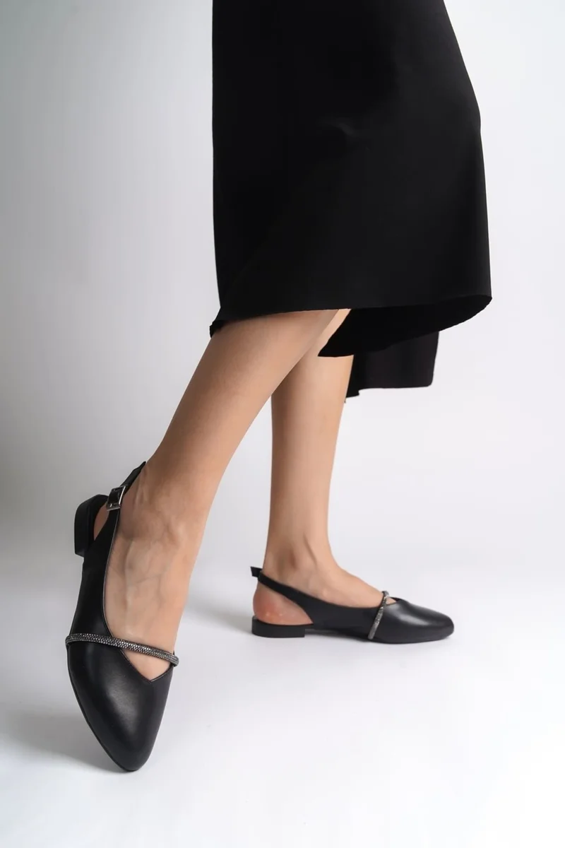 Lisinya Allison Buckled Orthopedic Comfortable Sole Stone Detailed Women's Ballerina Shoes St Black