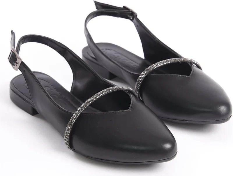 Lisinya Allison Buckled Orthopedic Comfortable Sole Stone Detailed Women's Ballerina Shoes St Black