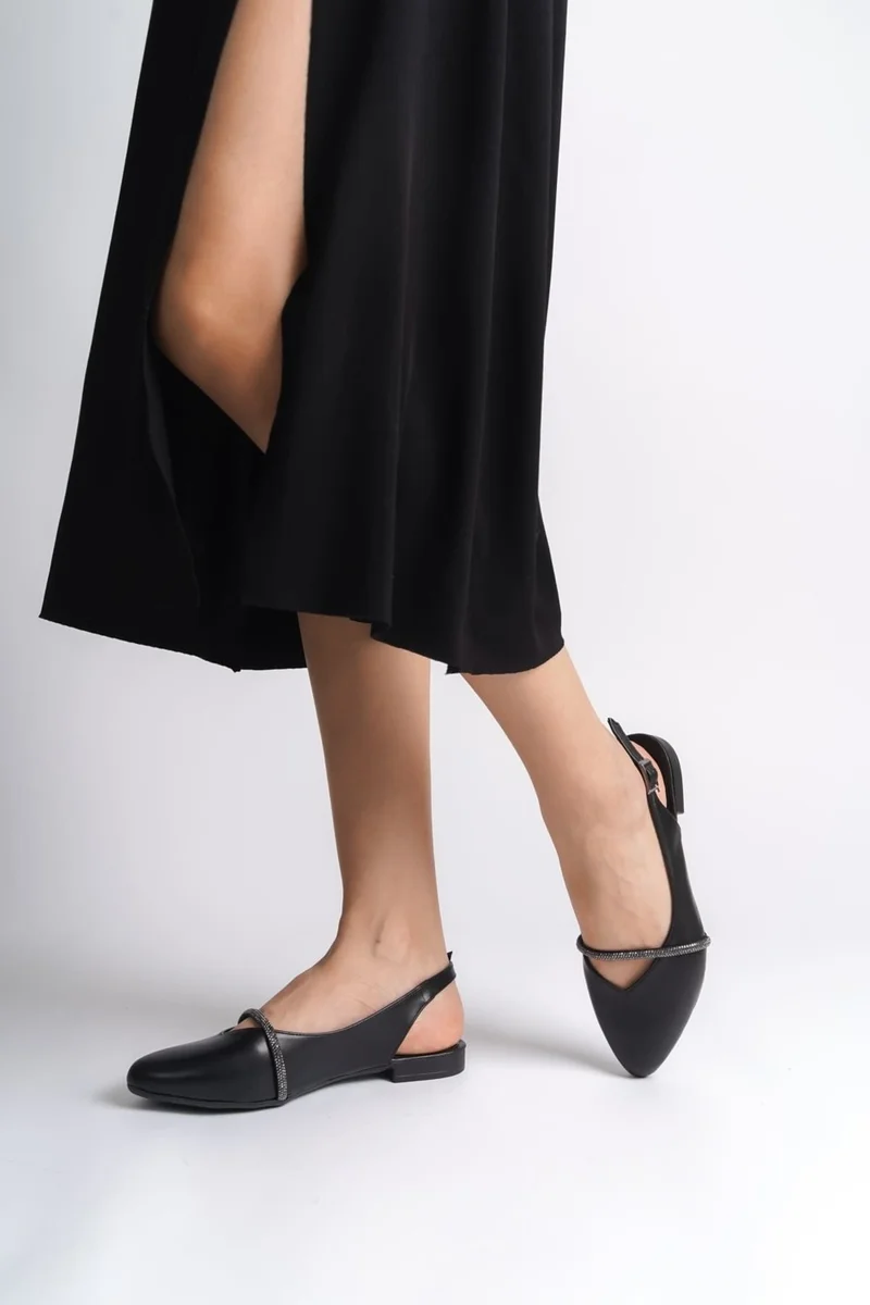 Lisinya Allison Buckled Orthopedic Comfortable Sole Stone Detailed Women's Ballerina Shoes St Black