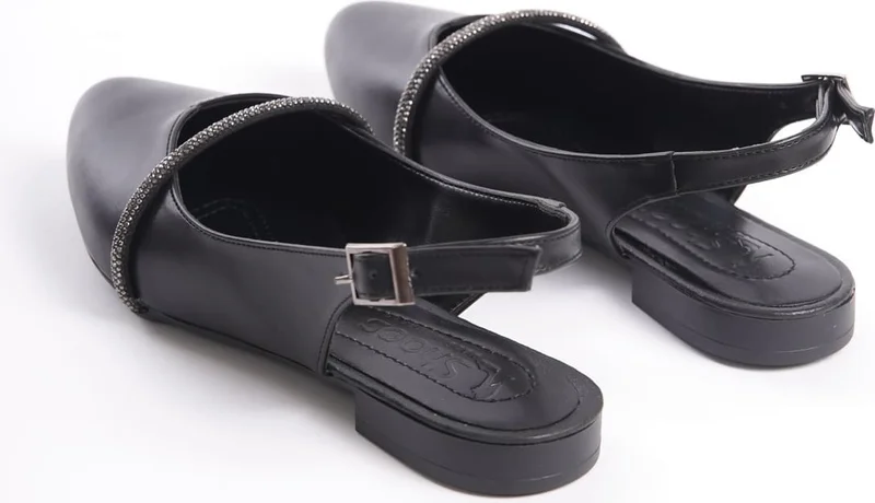 Lisinya Allison Buckled Orthopedic Comfortable Sole Stone Detailed Women's Ballerina Shoes St Black