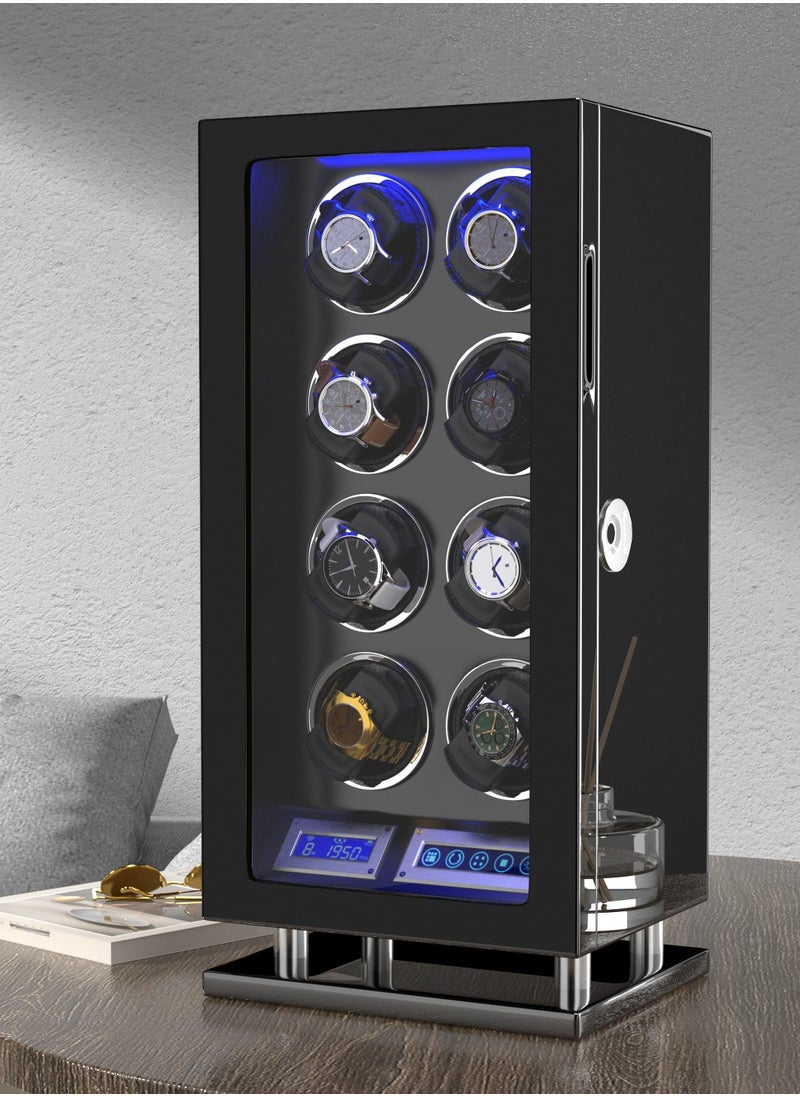 Fingerprint Lock Watch Winder 8 Automatic Winder With LCD Touch Screen, Blue LED Light, 5TPD, 3 Rotation modes, Remote Control, Adjustable Watch Cuff and Super Quiet Motor for watch enthusiasts