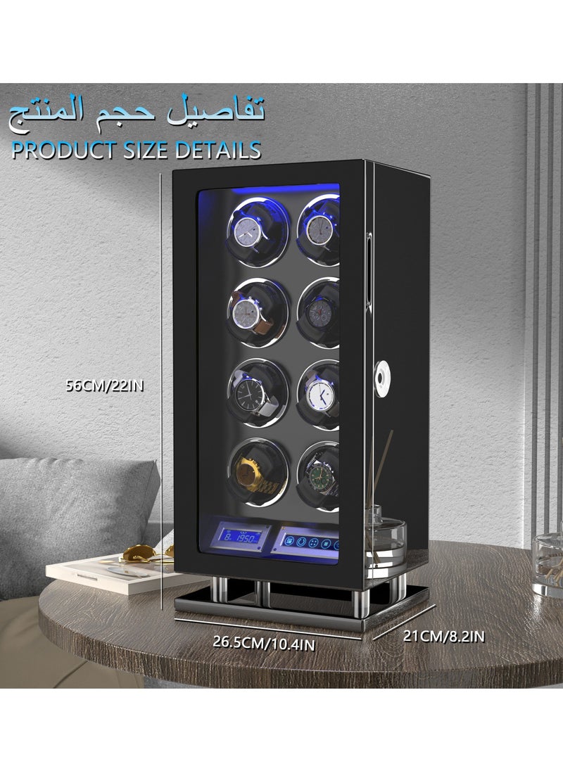 Fingerprint Lock Watch Winder 8 Automatic Winder With LCD Touch Screen, Blue LED Light, 5TPD, 3 Rotation modes, Remote Control, Adjustable Watch Cuff and Super Quiet Motor for watch enthusiasts