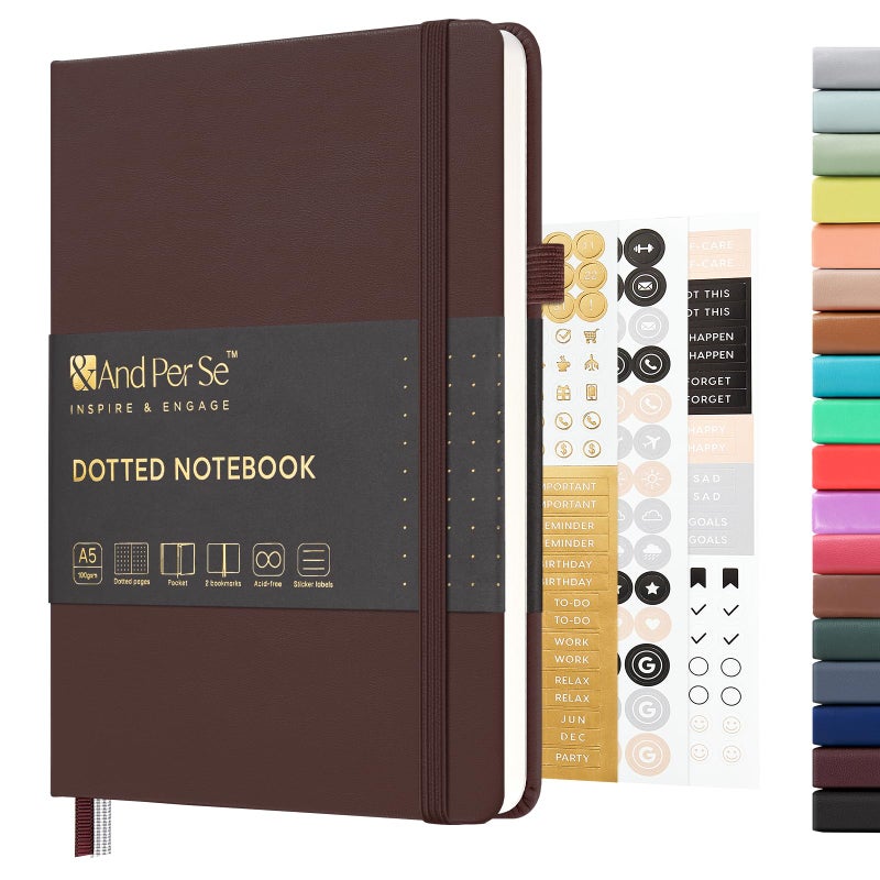 &And Per Se ⩓ Per Se Dotted Journal Notebook, A5 Hardcover Leather Bullet Dotted Journal, 160 Pages 100 gsm Thick Paper, 3 Sheets of Stickers Included- 5.7'' x 8''ï¼ˆChocolateï¼‰ - Image 1
