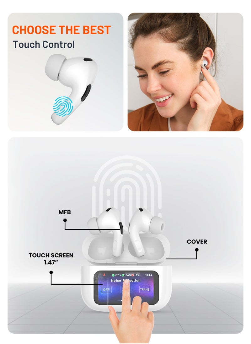 porodo - Earbuds Pro 2 With Touch Display with Environmental Noise Cancellation and ANC / Deep Bass / Touch Control / 20 Hours Working Time /1.47-inch Screen size - Pink - Image 1