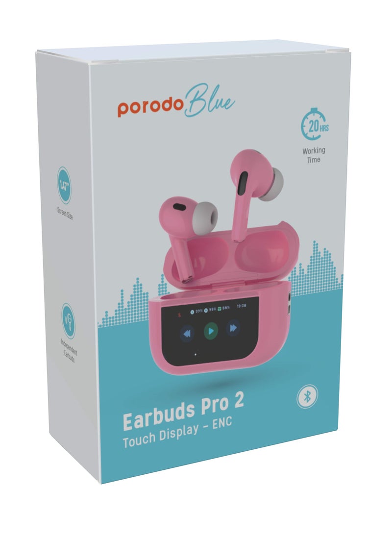 porodo - Earbuds Pro 2 With Touch Display with Environmental Noise Cancellation and ANC / Deep Bass / Touch Control / 20 Hours Working Time /1.47-inch Screen size - Pink - Image 1