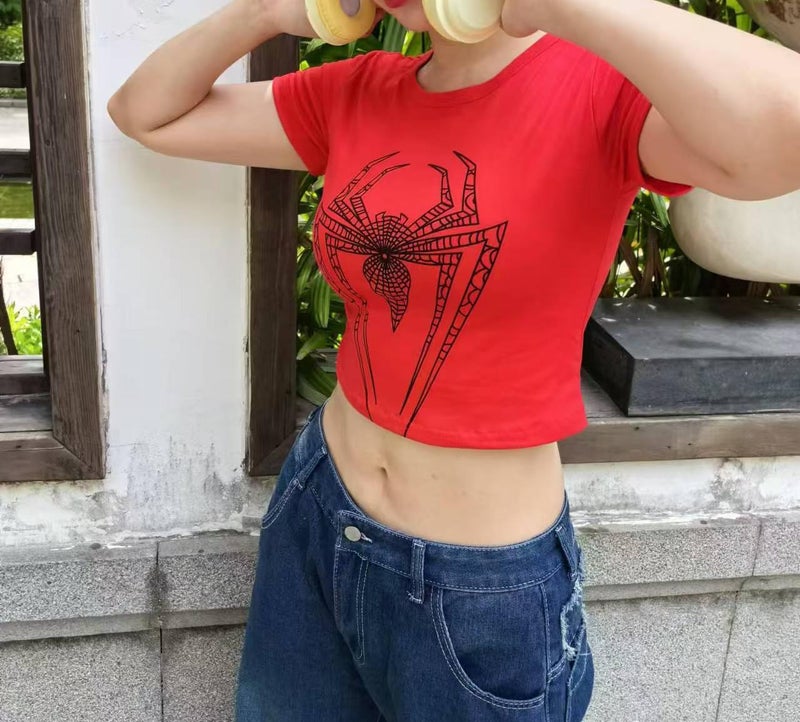 Dynict Sipder Print T Shirts for Women Short Sleeve Shirts Summer Tops Casual for Women 2024 (Medium) Red - Image 2