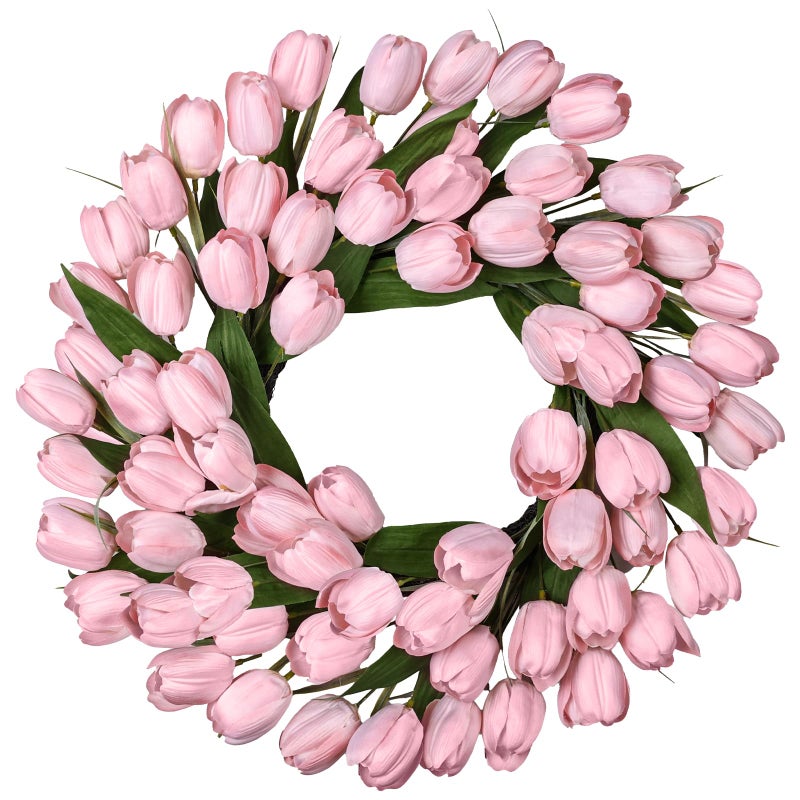 MDSTBN 24 Inch Tulip Spring Wreath for Front Door Summer Silk Wreath with Green Leaves Artificial Tulip Flower Wreaths for All Seasons Farmhouse Porch Wall Living Room Home Widding Decor-Pink - Image 1