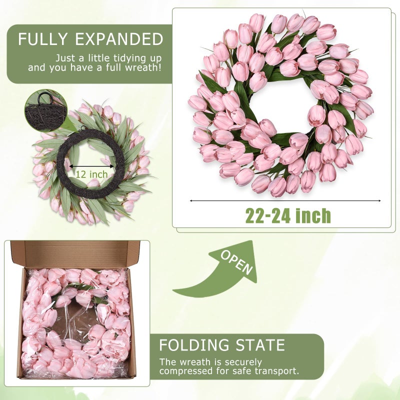 MDSTBN 24 Inch Tulip Spring Wreath for Front Door Summer Silk Wreath with Green Leaves Artificial Tulip Flower Wreaths for All Seasons Farmhouse Porch Wall Living Room Home Widding Decor-Pink - Image 3