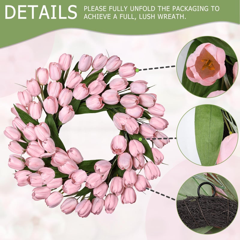 MDSTBN 24 Inch Tulip Spring Wreath for Front Door Summer Silk Wreath with Green Leaves Artificial Tulip Flower Wreaths for All Seasons Farmhouse Porch Wall Living Room Home Widding Decor-Pink - Image 2