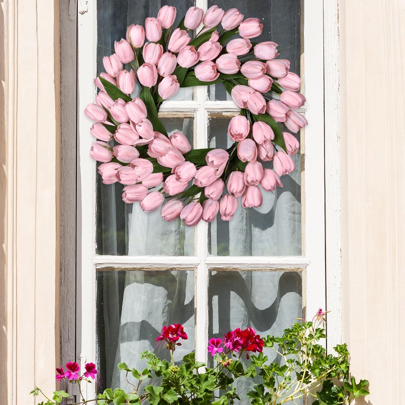 MDSTBN 24 Inch Tulip Spring Wreath for Front Door Summer Silk Wreath with Green Leaves Artificial Tulip Flower Wreaths for All Seasons Farmhouse Porch Wall Living Room Home Widding Decor-Pink - Image 4