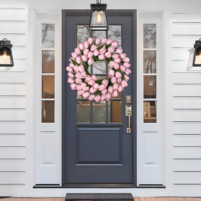 MDSTBN 24 Inch Tulip Spring Wreath for Front Door Summer Silk Wreath with Green Leaves Artificial Tulip Flower Wreaths for All Seasons Farmhouse Porch Wall Living Room Home Widding Decor-Pink - Image 5