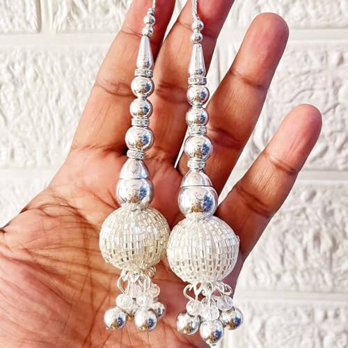 Adikala Craft Store Handmade Ethnic Cutdana Latkan Tassel Set of 2 for Saree Pallu, Blouse, Suits, Dupatta, Lehenga Decor, DIY Art & Crafts (Silver D2) - Image 1