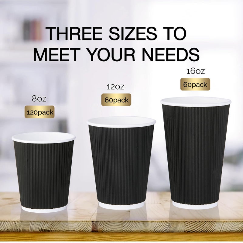 JollyPack 60 Pack 12 oz Paper Coffee Cups  Black Disposable Beverage Cups with Insulated Ripple Wall for Coffee  Tea  and Hot Chocolate - Image 4