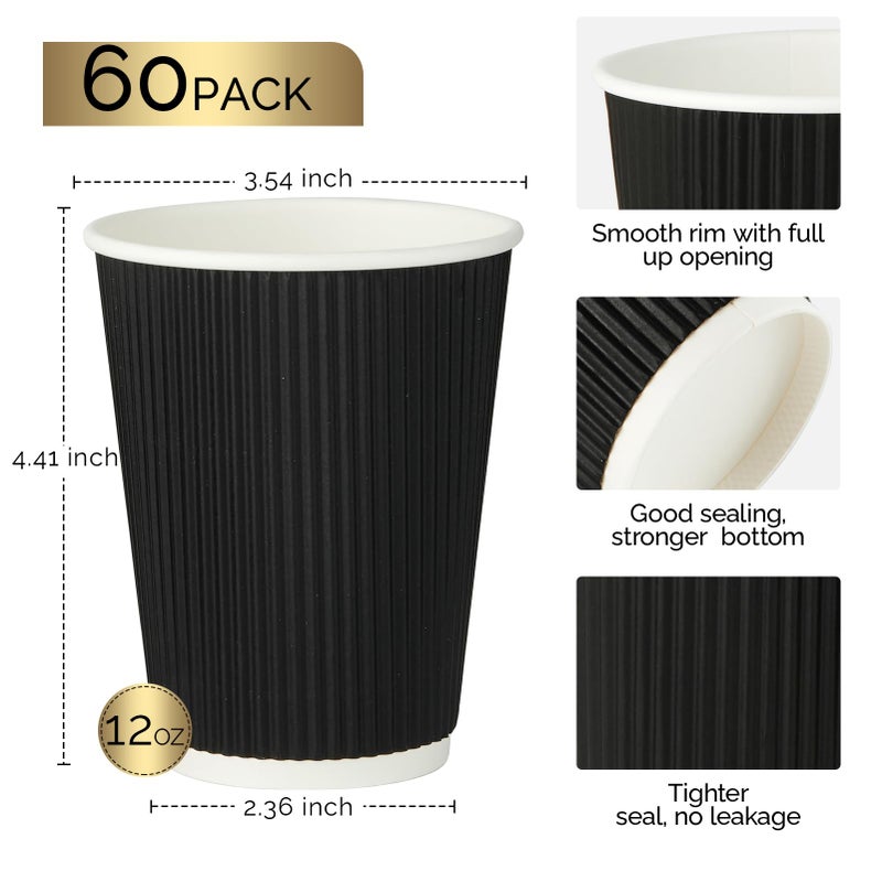 JollyPack 60 Pack 12 oz Paper Coffee Cups  Black Disposable Beverage Cups with Insulated Ripple Wall for Coffee  Tea  and Hot Chocolate - Image 2