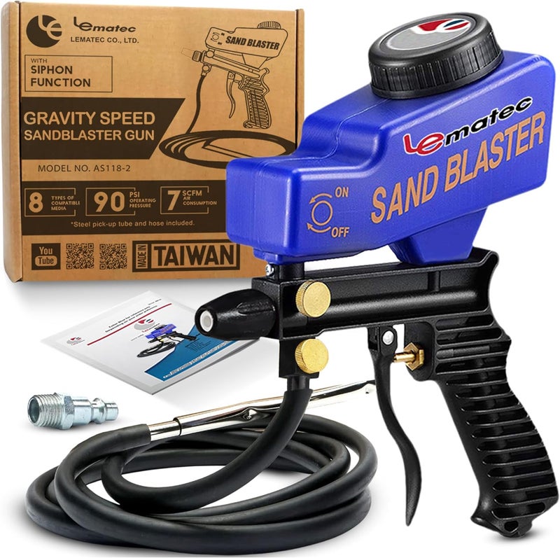 LE LEMATEC LE LEMATEC Portable Sandblaster Gun Kit, Air Compressor Sand Blaster, Paint & Rust Remover, Abrasive Media & Soda Blaster for Metal, Wood, Automotive & DIY Surface Prep, AS118-2C  - Image 1