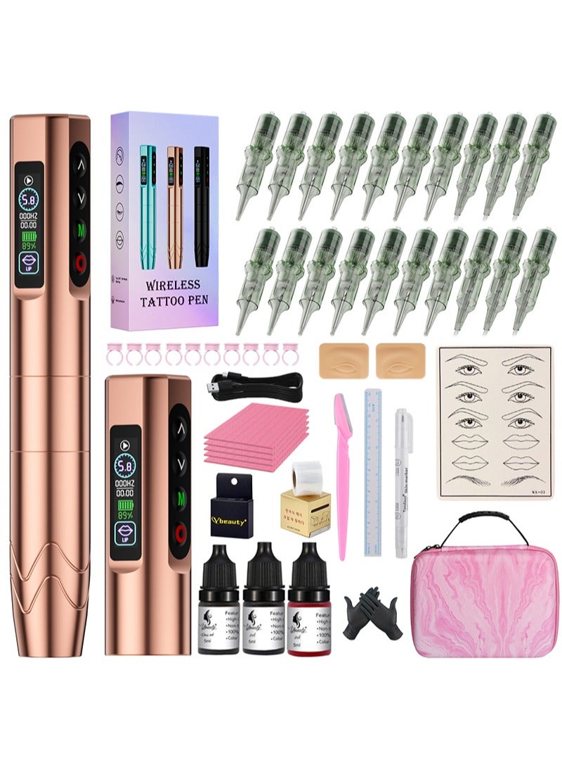 HaLunhi Cordless Tattoo Machine Kit，Includes 2 Batteries，20 Needles，Eyeliner And Other Cosmetic Microblading Supplies For Eyebrows，Eyeliner，Lips And Small Tattoos (Rose Gold) - Image 1