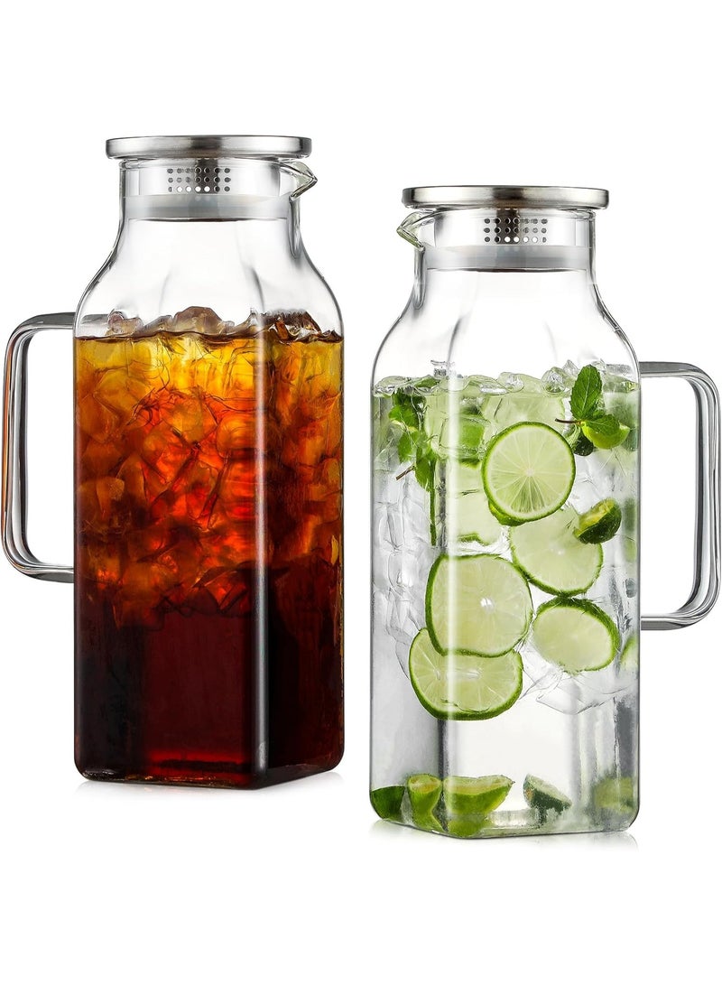 Bukela 2 Pack 2 Liters/68 oz Square Glass Pitcher with Lid and Handle for Fridge, Iced Tea and Coffee Carafe Beverage Serveware, Heat Resistant Borosilicate Water Jug for Hot/Cold Drinks and Milk - Image 1