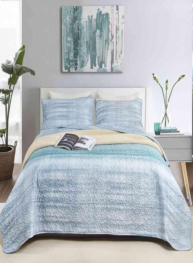 Nanko Quilt Set Queen Full Size 3 pcs, Grey and Teal Blue Striped Abstract Pattern Bedspreads, Soft Lightweight Coverlet Bed Spreads, Modern Thin Quilted Comforter Gray Bedding Set for Women Men 90x90 - Image 1