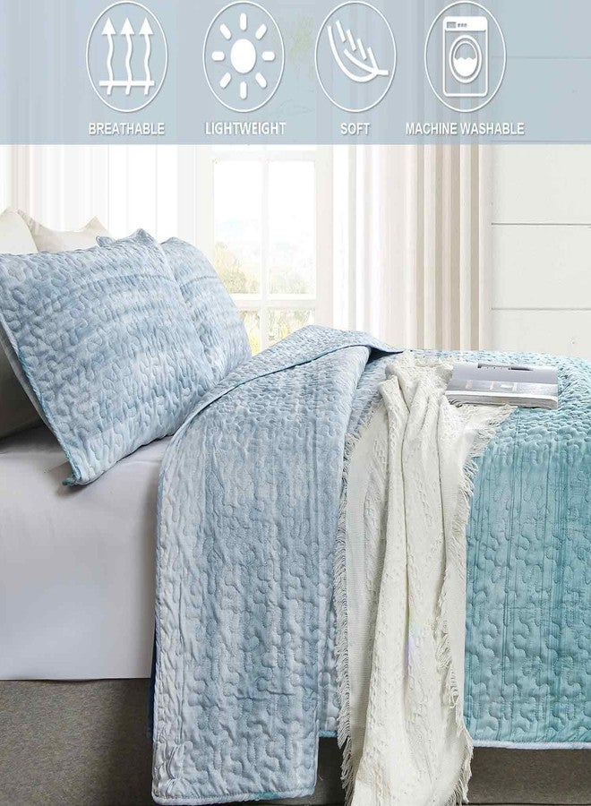 Nanko Quilt Set Queen Full Size 3 pcs, Grey and Teal Blue Striped Abstract Pattern Bedspreads, Soft Lightweight Coverlet Bed Spreads, Modern Thin Quilted Comforter Gray Bedding Set for Women Men 90x90 - Image 3