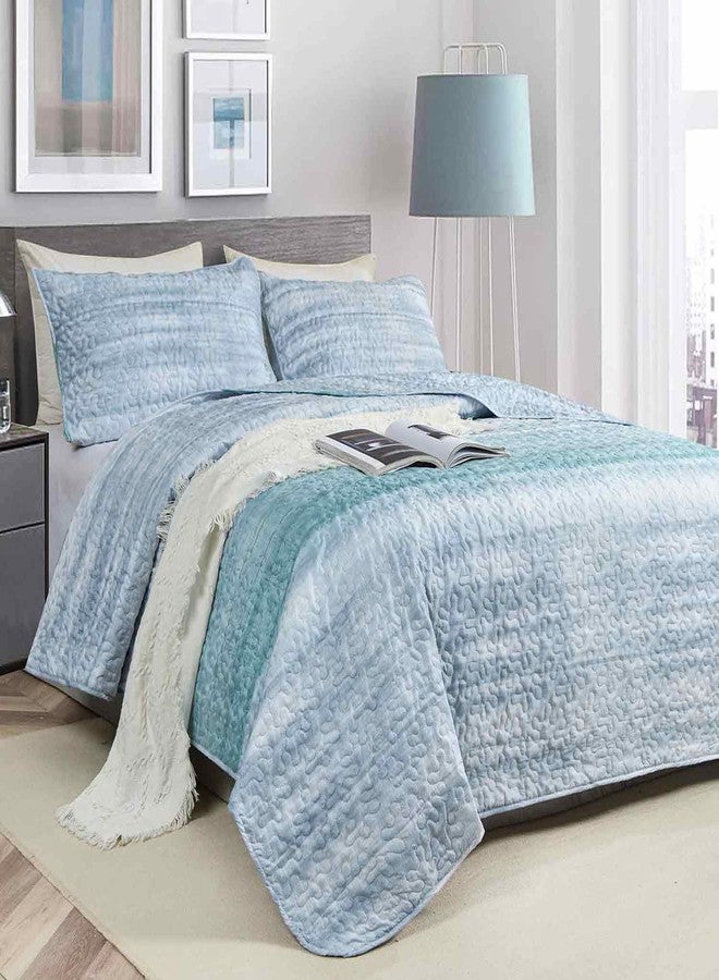 Nanko Quilt Set Queen Full Size 3 pcs, Grey and Teal Blue Striped Abstract Pattern Bedspreads, Soft Lightweight Coverlet Bed Spreads, Modern Thin Quilted Comforter Gray Bedding Set for Women Men 90x90 - Image 2