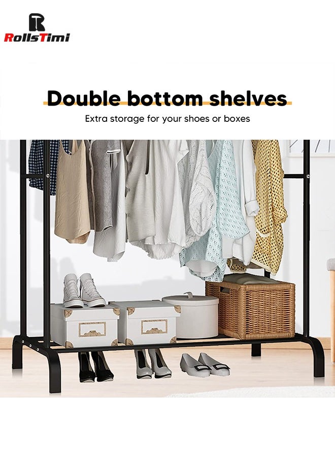 RollsTimi  - Double Rod Clothing Garment Rack with Bottom Shelves,for Boxes Shoes Boots, Clothes Hanging Rack, Metal Clothes Organizer, Black - Image 1