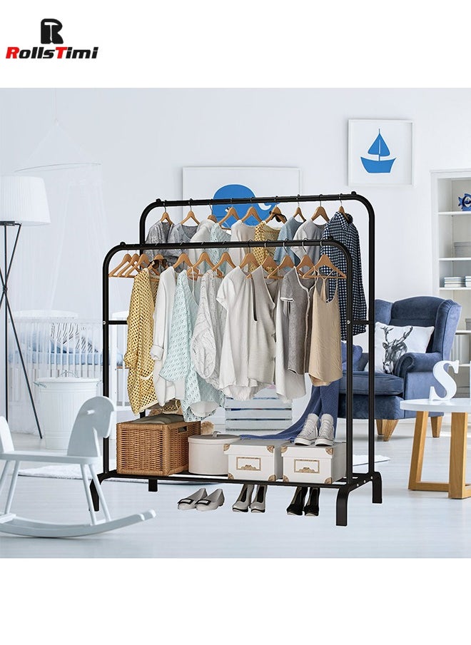 RollsTimi  - Double Rod Clothing Garment Rack with Bottom Shelves,for Boxes Shoes Boots, Clothes Hanging Rack, Metal Clothes Organizer, Black - Image 1