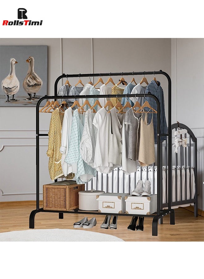 RollsTimi  - Double Rod Clothing Garment Rack with Bottom Shelves,for Boxes Shoes Boots, Clothes Hanging Rack, Metal Clothes Organizer, Black - Image 1