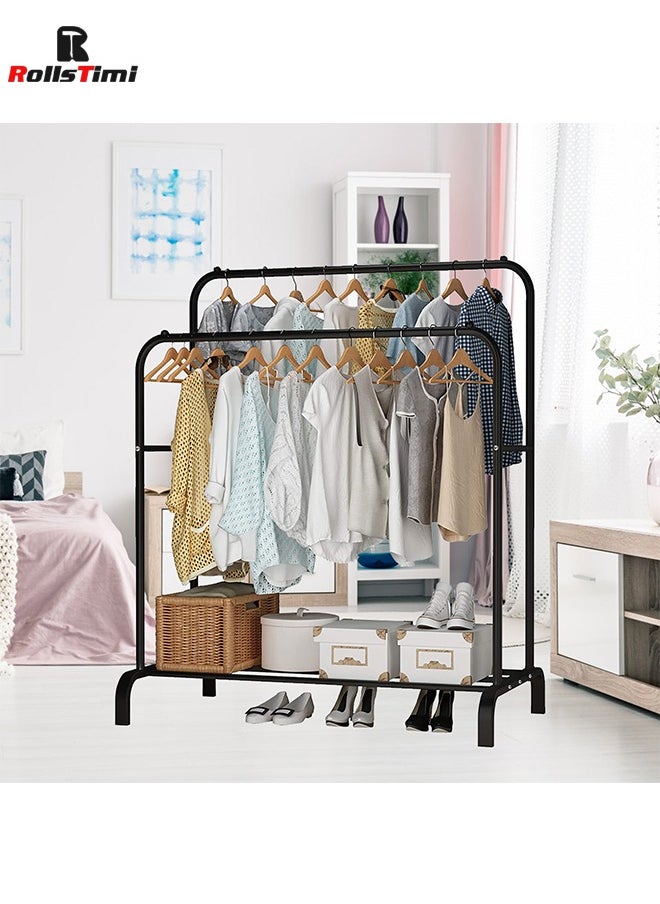 RollsTimi  - Double Rod Clothing Garment Rack with Bottom Shelves,for Boxes Shoes Boots, Clothes Hanging Rack, Metal Clothes Organizer, Black - Image 1