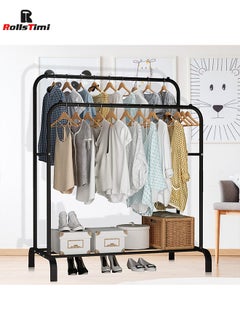 Double Rod Clothing Garment Rack with Bottom Shelves,for Boxes Shoes Boots, Clothes Hanging Rack, Metal Clothes Organizer, Black