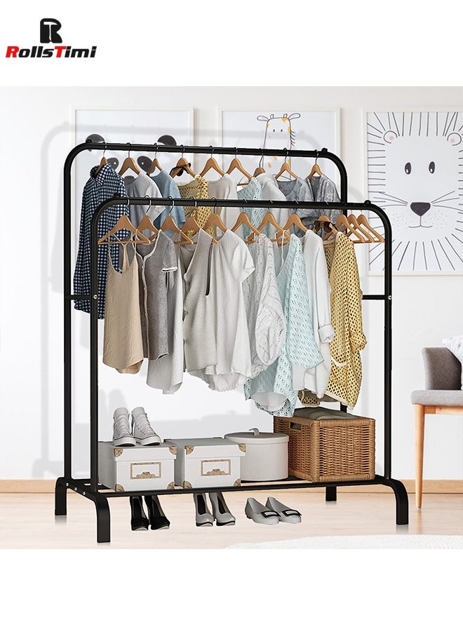 RollsTimi  - Double Rod Clothing Garment Rack with Bottom Shelves,for Boxes Shoes Boots, Clothes Hanging Rack, Metal Clothes Organizer, Black - Image 1