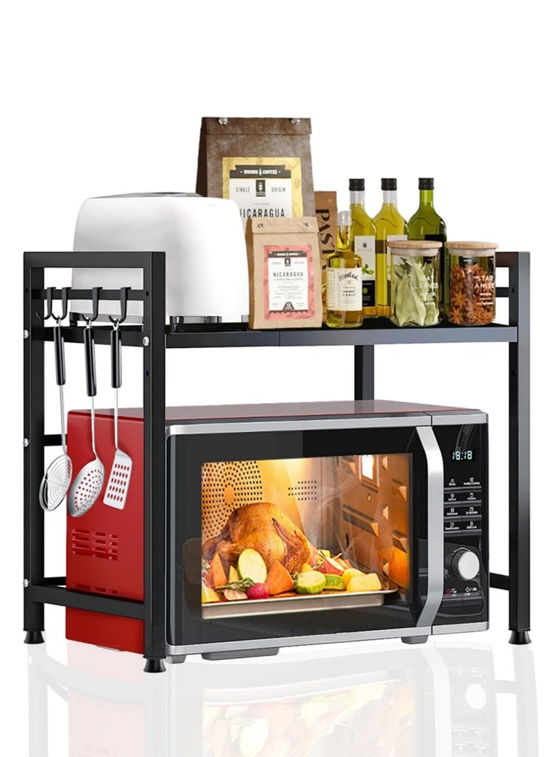 JoyousSto Microwave Stand, Microwave Oven Rack With 6 Hooks, Expandable Horizontal Extension Microwave Shelf, Kitchen Counter Organizer for Toaster Oven Rice Cooker - Image 1