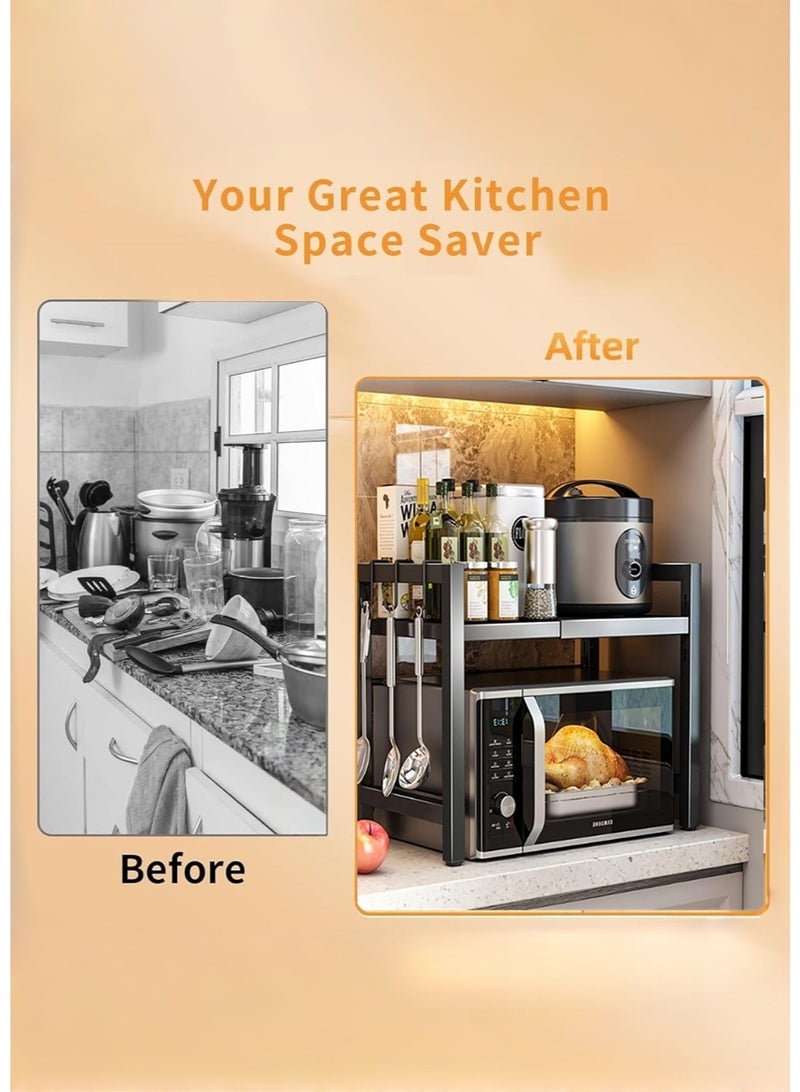 JoyousSto Microwave Stand, Microwave Oven Rack With 6 Hooks, Expandable Horizontal Extension Microwave Shelf, Kitchen Counter Organizer for Toaster Oven Rice Cooker - Image 5